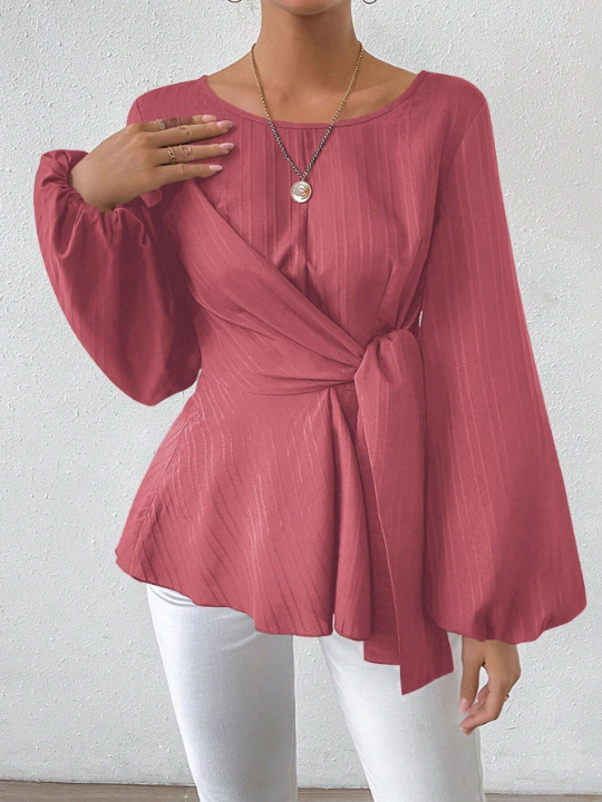 Round Neck Tie Front Lantern Sleeve Blouse With Gathered Waist