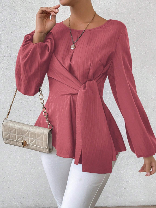 Round Neck Tie Front Lantern Sleeve Blouse With Gathered Waist