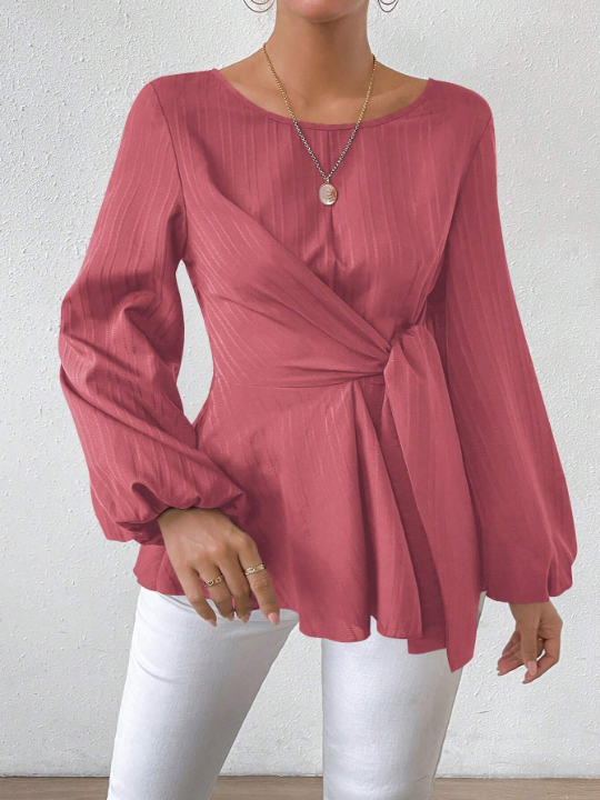 Round Neck Tie Front Lantern Sleeve Blouse With Gathered Waist