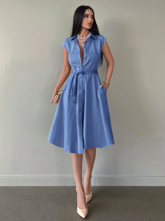 Frenchy Solid Belted Shirt Dress