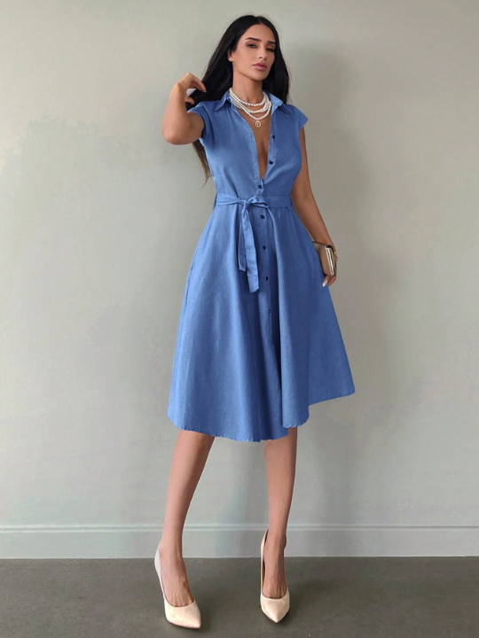 Frenchy Solid Belted Shirt Dress