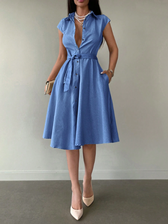 Frenchy Solid Belted Shirt Dress