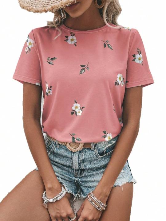 LUNE Floral Print Round Neck Tee Graphic T Shirt