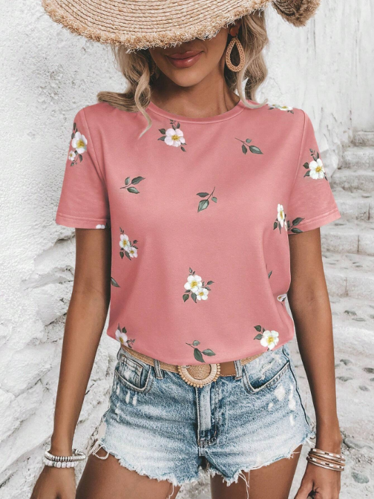 LUNE Floral Print Round Neck Tee Graphic T Shirt