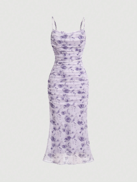 MOD Women's Floral Printed Pleated Lavender Cami Dress