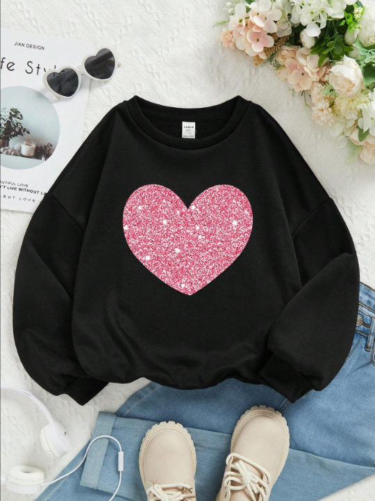 Young Girl Casual Long Sleeve Crewneck Sweatshirt, Suitable For Fall/Winter