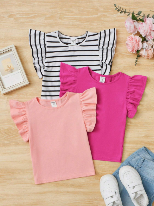 SHEIN Kids EVRYDAY 3pcs/Set Young Girls' Casual Comfortable Ruffled Edge T-Shirt