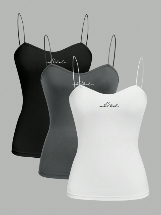 EZwear Women's 3pcs Simple Love Heart Printed Tight-Fit Casual Tank Top Vest