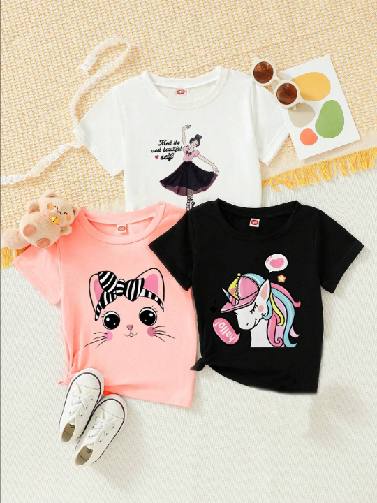 Young Girl Unicorn Cat Dancing Printed T-Shirts Set Of 3