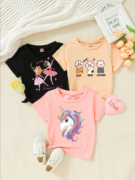 3pcs/Set Young Girls' Unicorn Cat Dance Printed T-Shirt