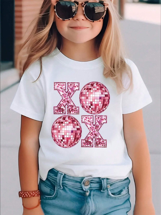 Young Girl's Letter & Ball Printed Casual Round Neck T-Shirt For Summer