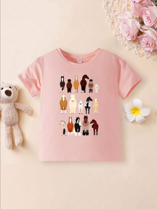 Young Girls' Summer Casual Animal Printed Round Neck T-Shirt