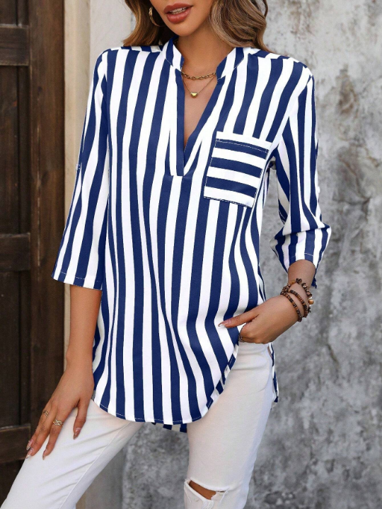 LUNE Women's Vertical Striped Notched Collar Shirt