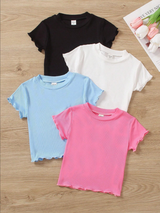 Kids EVRYDAY Young Girl 4pcs Round Neck Lettuce Hem T-Shirts