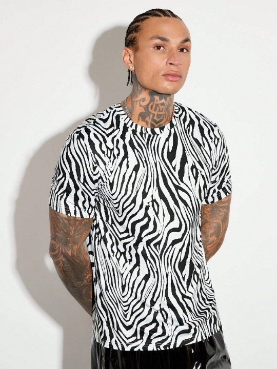 Manfinity AFTRDRK Men's Round Neck Knitted Casual Short Sleeve T-Shirt With Zebra Pattern For Spring