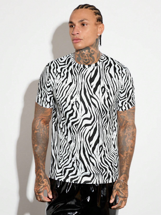 Manfinity AFTRDRK Men's Round Neck Knitted Casual Short Sleeve T-Shirt With Zebra Pattern For Spring