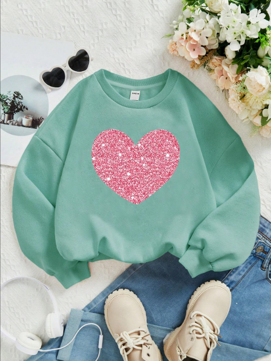 Young Girl Casual Long Sleeve Crewneck Sweatshirt, Suitable For Autumn And Winter