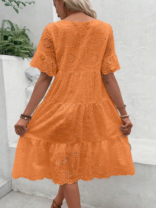 VCAY Round Neck Eyelet Embroidery Dress