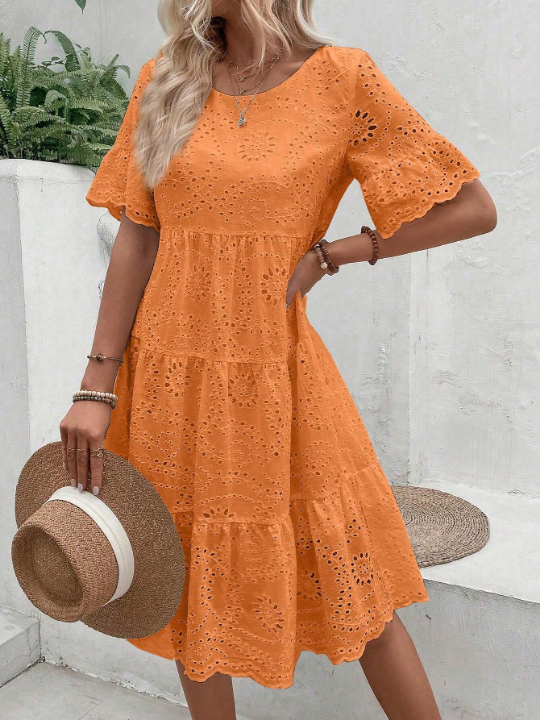 VCAY Round Neck Eyelet Embroidery Dress