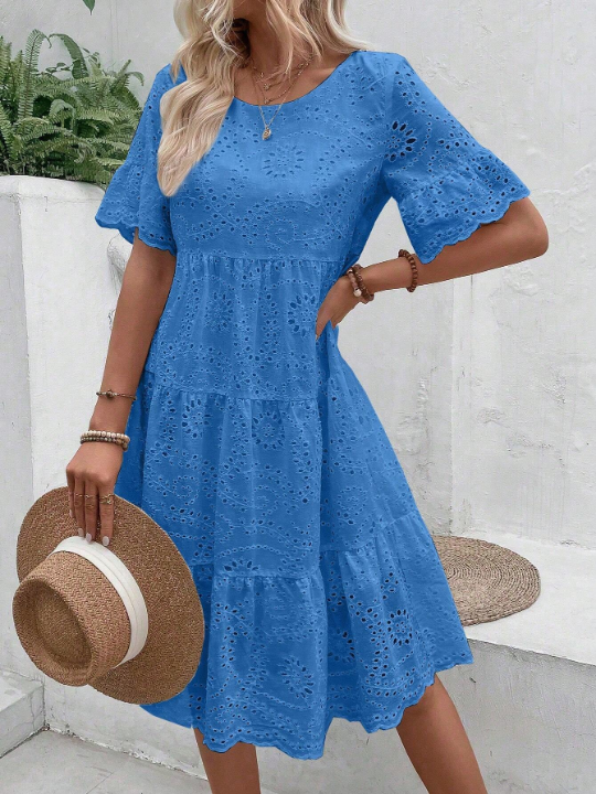 VCAY Round Neck Hollow Out Embroidered Dress