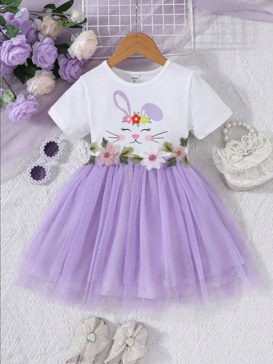 Kids QTFun Young Girl Cartoon Print Embroidery Sticker Mesh Patchwork Hem Dress