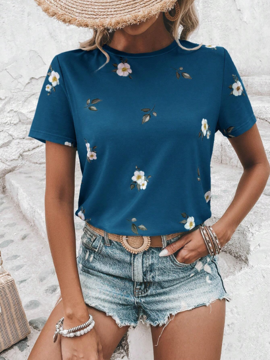 LUNE Floral Print Round Neck Tee Graphic T Shirt