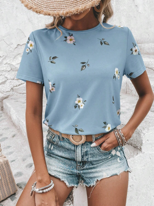 LUNE Floral Print Round Neck Tee Graphic T Shirt