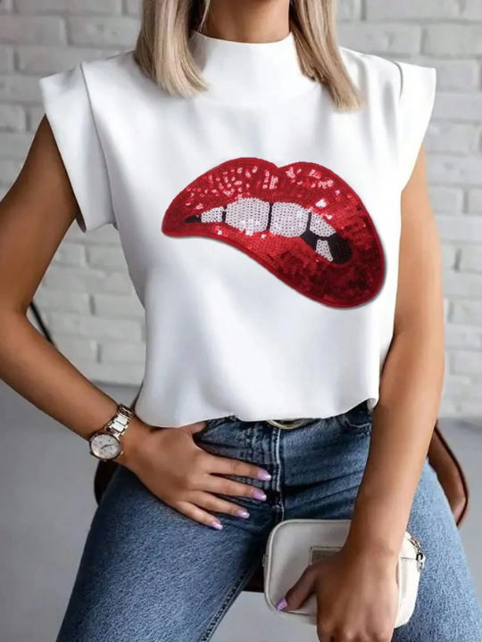 LUNE Women's Lip Print Short Sleeves Tee