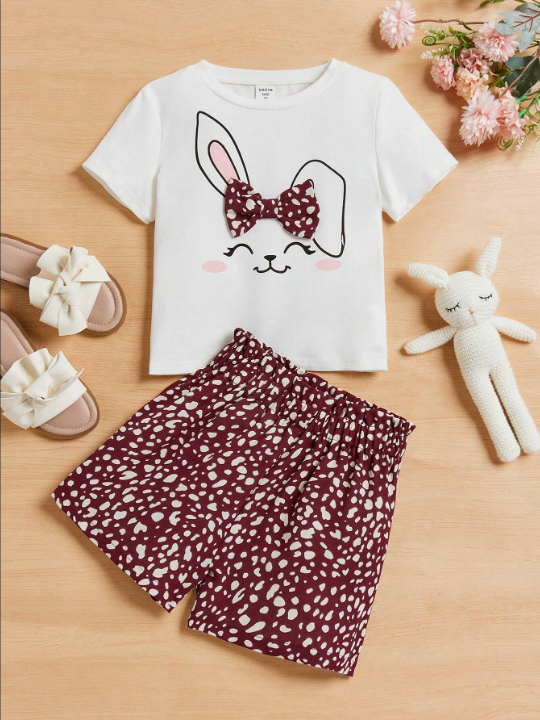 SHEIN Young Girl's Casual And Lovely White Rabbit Pattern T-Shirt And All-Over Print Shorts Two-Piece Set