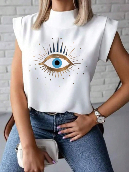 LUNE Women's Short Sleeve T-Shirt With Eye-Printed Cape