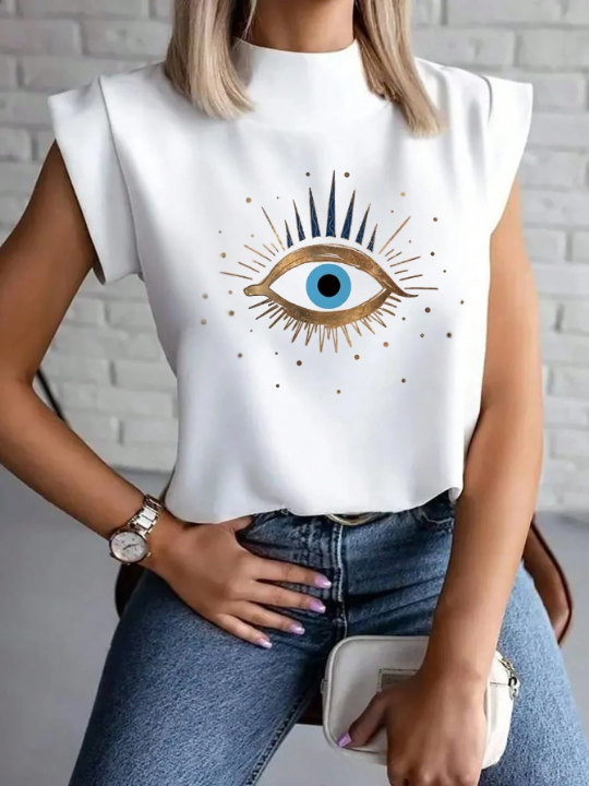 LUNE Women's Short Sleeve T-Shirt With Eye-Printed Cape