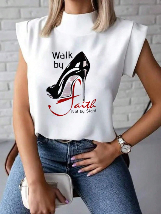 LUNE Slogan & High Heels Print Stand Collar T-Shirt