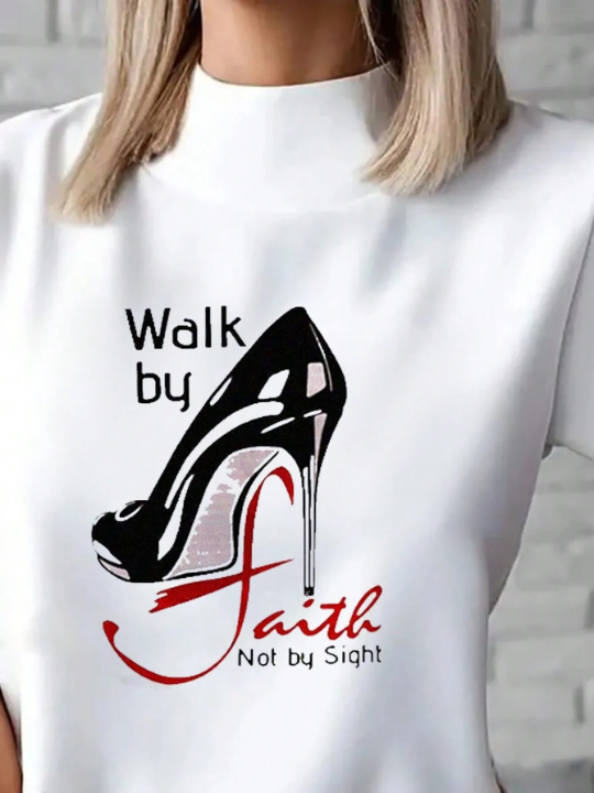 LUNE Slogan & High Heels Print Stand Collar T-Shirt