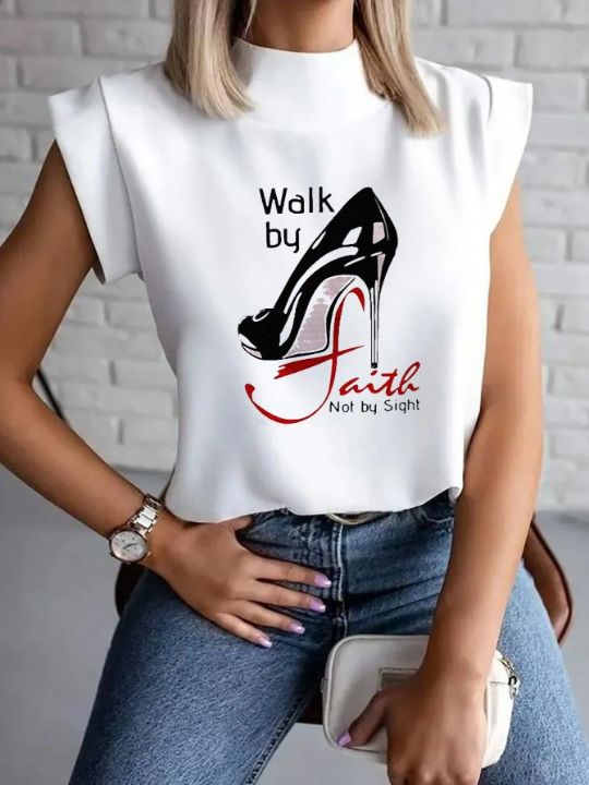 LUNE Slogan & High Heels Print Stand Collar T-Shirt