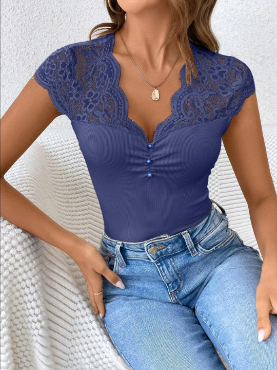 Frenchy Lace Panel Button Embellished T-Shirt