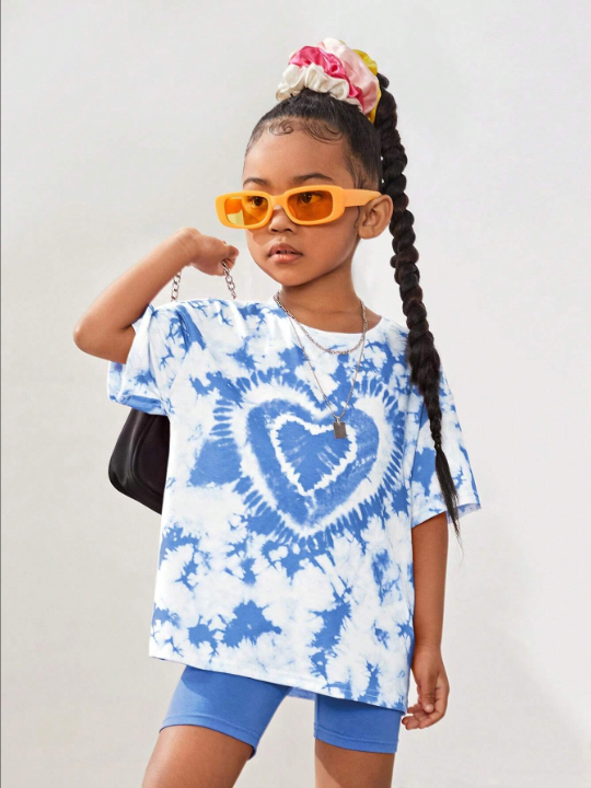 Young Girl's Vintage American Style Tie-Dye Love Heart Pattern Round Neck Short Sleeve T-Shirt