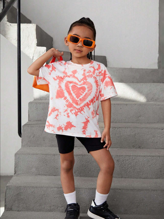 Kids Cooltwn Young Girl American Vintage Knit Tie-Dye Love Heart Print Round Neck Short Sleeve T-Shirt