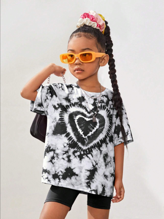 Kids Cooltwn Young Girl's American Vintage Style Love Heart Printed Tie Dyed Knitted Short Sleeve T-Shirt