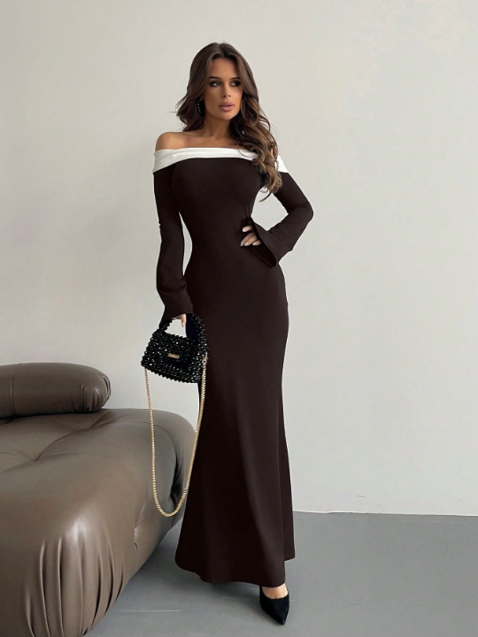 Privé Contrast Off Shoulder Bell Sleeve Bodycon Long Black Dress With Sleeves