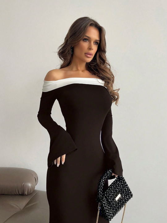 Privé Contrast Off Shoulder Bell Sleeve Bodycon Long Black Dress With Sleeves