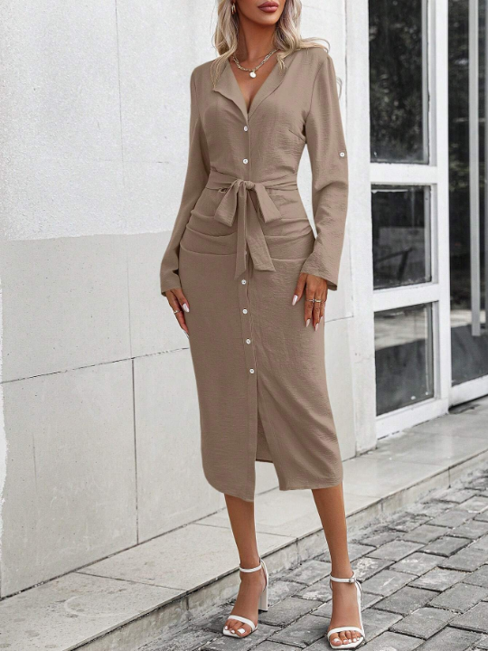 Solid Color Belted Shirt Dress