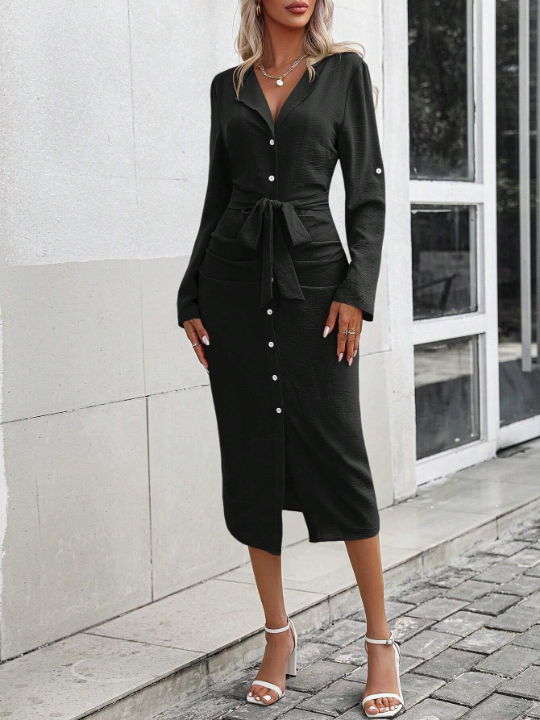 Solid Color Belted Shirt Dress