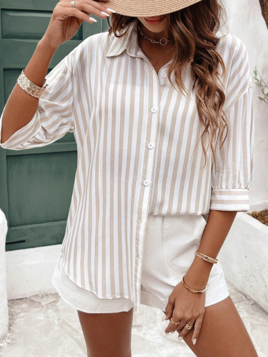 Frenchy Women's Long Sleeve Striped Shirt, Cute Summer Tops, Summer Women's Clothing, Apricot Striped Shirt, Fresh Casual Shirt, Button Closure, Covered Shirt, Lightweight And Breathable Made Of Green Material, Suitable For Holiday Going Out, Casual Daily