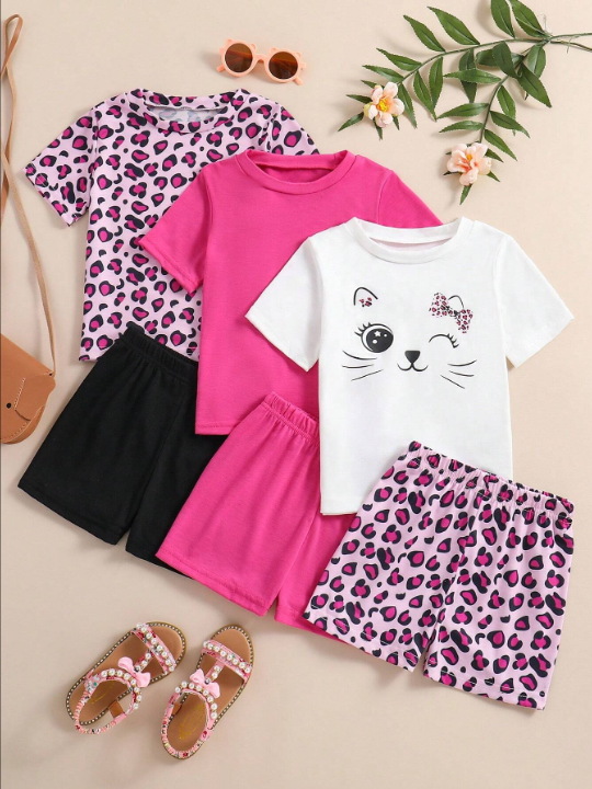 SHEIN Kids FANZEY Young Girl's Summer Cat & Leopard Print Cute Round Neck T-Shirt, Shorts & Casual Three-Piece Set