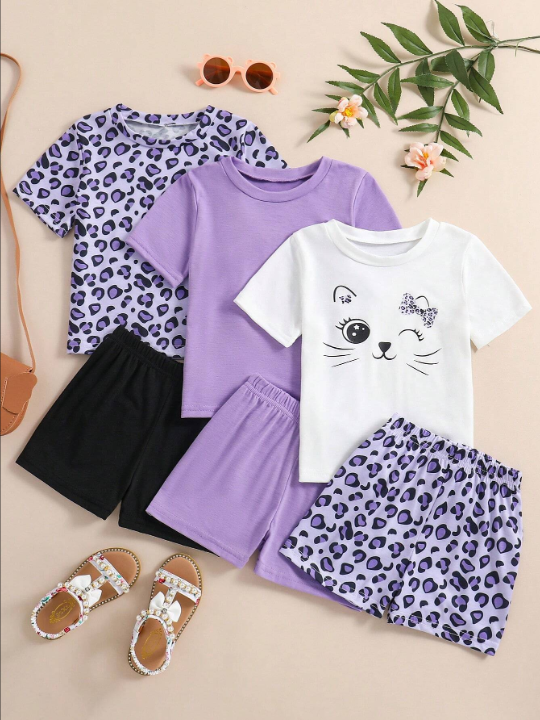 SHEIN Kids FANZEY Young Girl Summer Cat & Leopard Print Adorable Round Neck T-Shirt Shorts Casual 3pcs Outfit