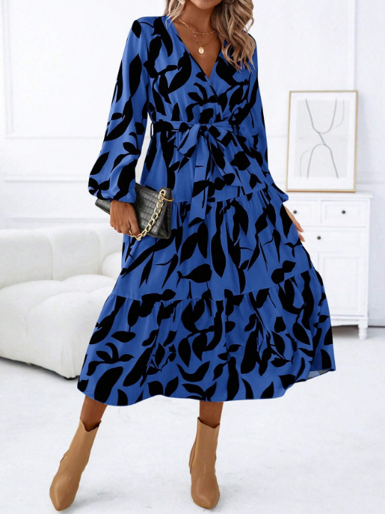 Cross Wrap Multiple Sections Patchwork Lantern Sleeve Big A-Line Dress