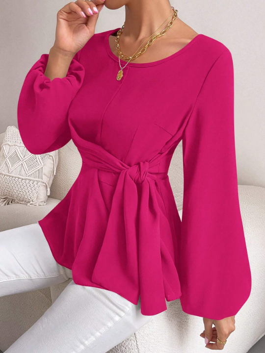 Priv Solid Color Round Neck Lantern Sleeve Casual Shirt