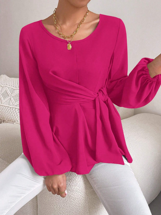 Priv Solid Color Round Neck Lantern Sleeve Casual Shirt