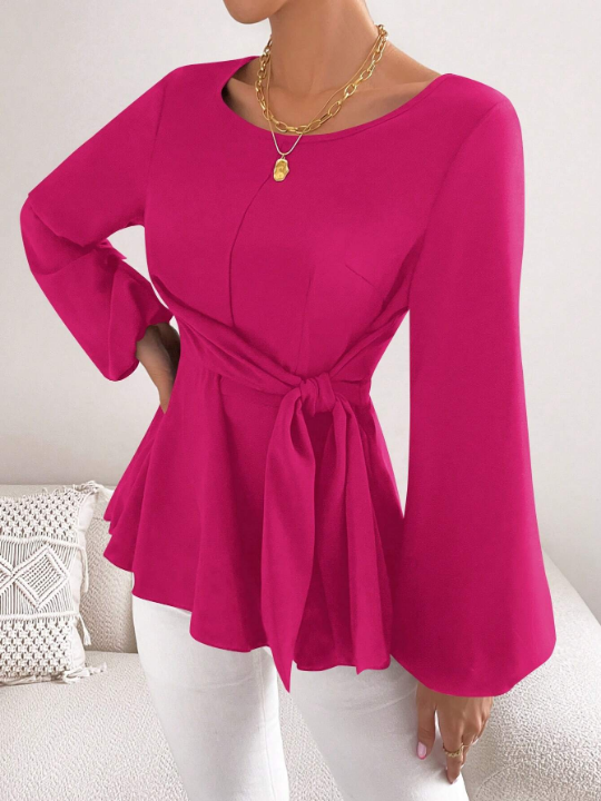 Priv Solid Color Round Neck Lantern Sleeve Casual Shirt