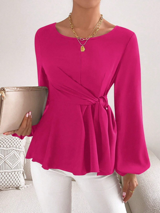 Privé Solid Color Round Neck Lantern Sleeve Casual Shirt